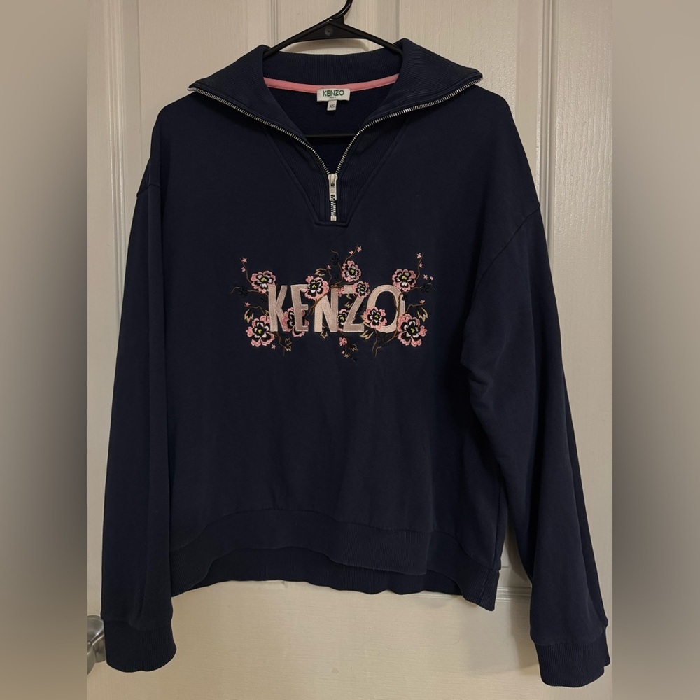 KENZO Paris Floral Embroidered Half Zip Sweatshirt Navy Blue Women’s XS - Picture 3 of 9